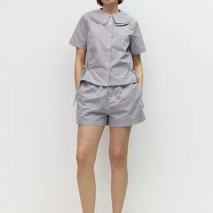 Plaid Elastic Waist Shorts - Blue & Ivory