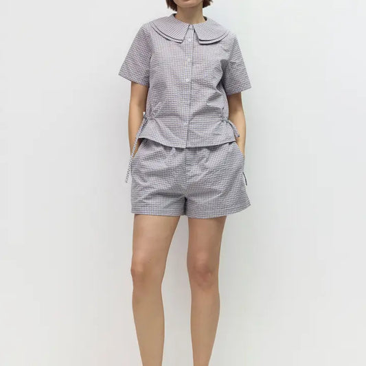 Plaid Elastic Waist Shorts - Blue & Ivory
