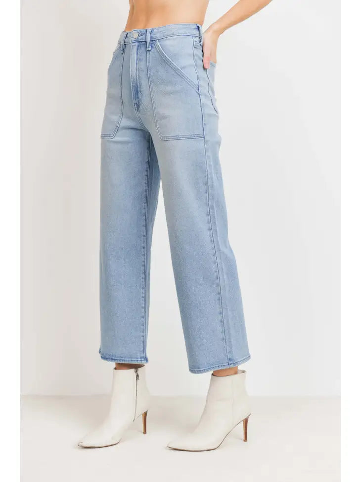 Cargo Pocket Wide Leg Denim Jeans - Light Denim