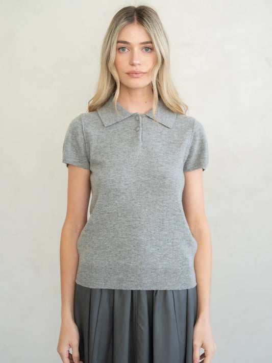 Refined Cap Sleeve Polo Sweater Top - Grey