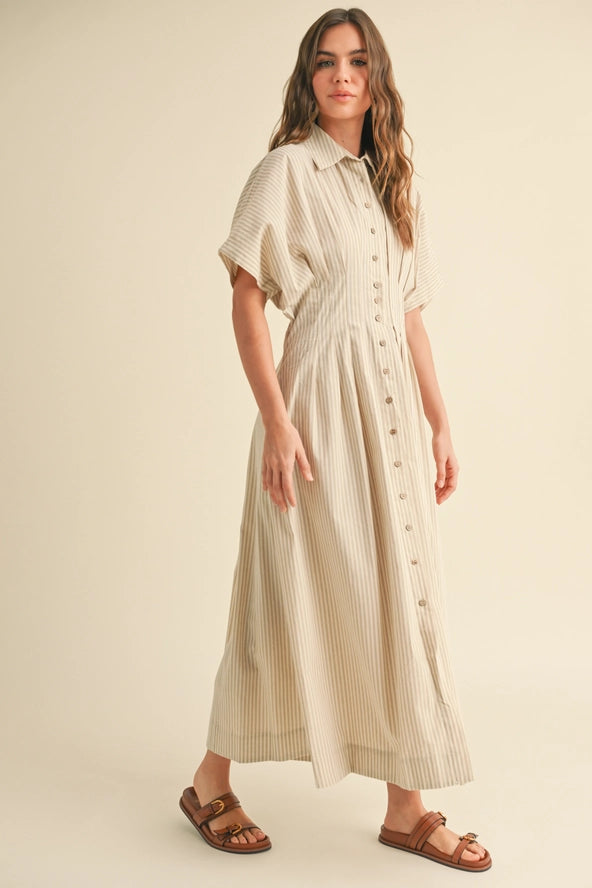 Button Down Dress - Tan Stripe