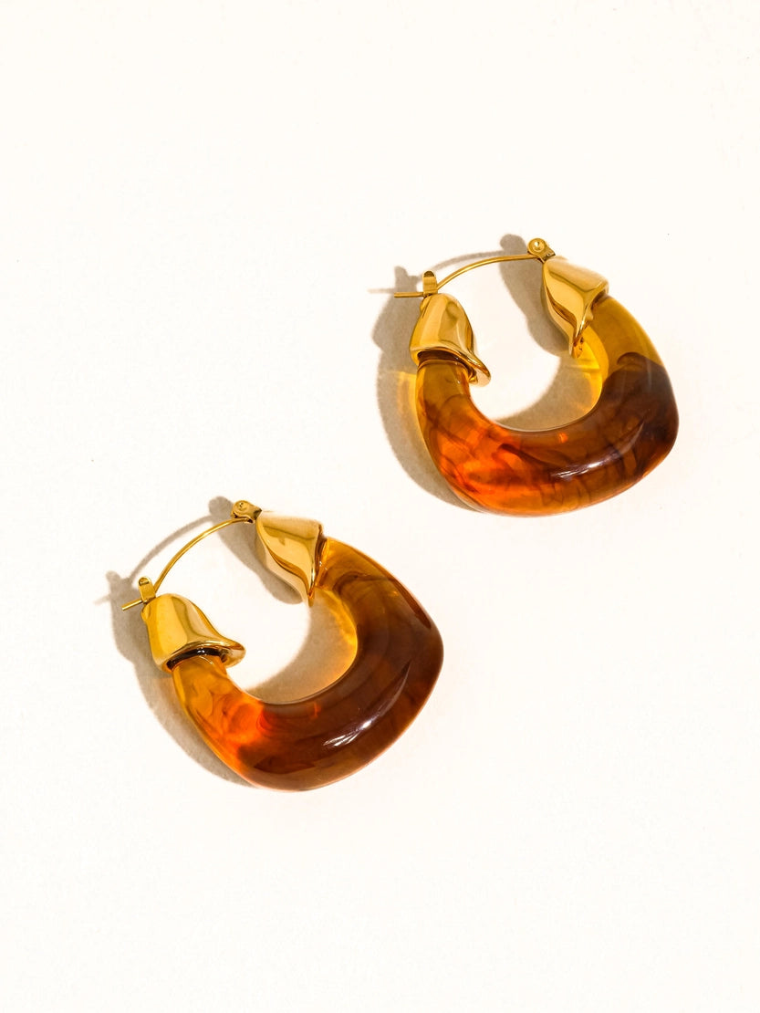 Arlowe 18K Gold Non-Tarnish Resin Hoop Earrings - Brown
