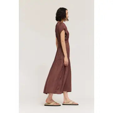 Grade + Gather - Ruffle Satin Midi Dress - Tobacco