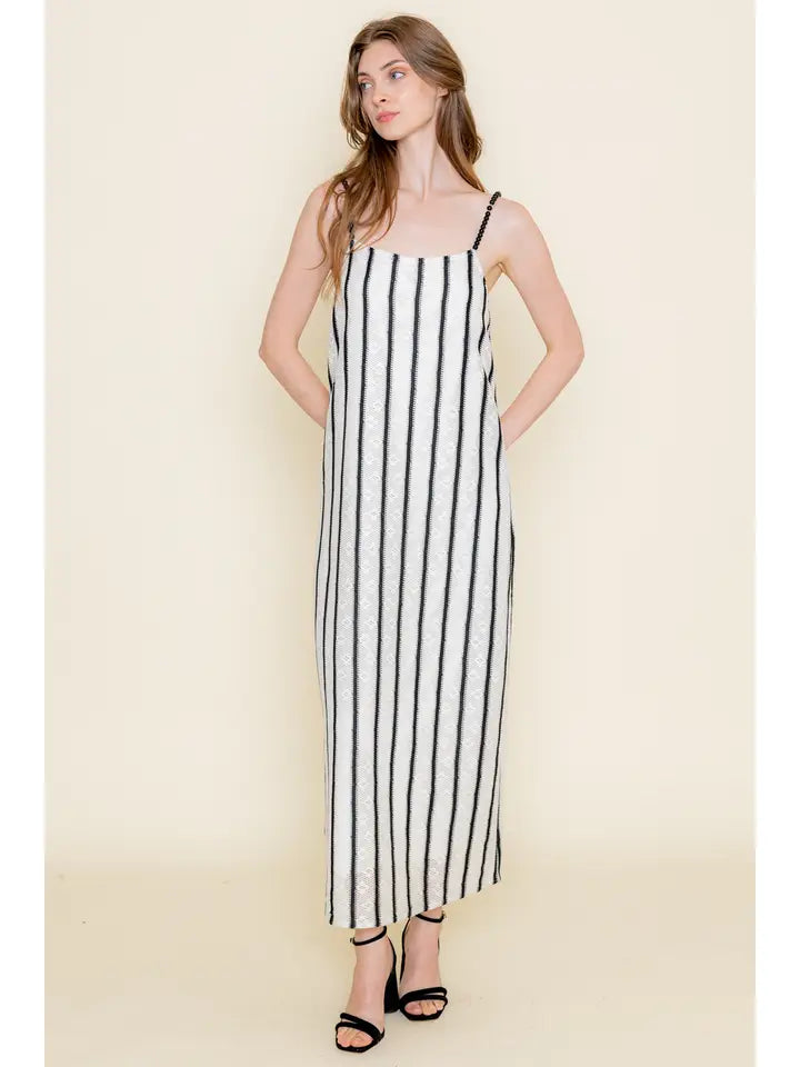 Resort Striped Bead Strap Knit Maxi Dress - Ivory + Black