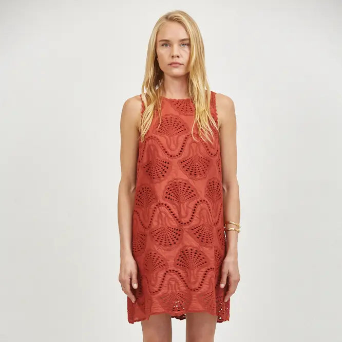 Woven Dress with Eyelet Detail - Wine