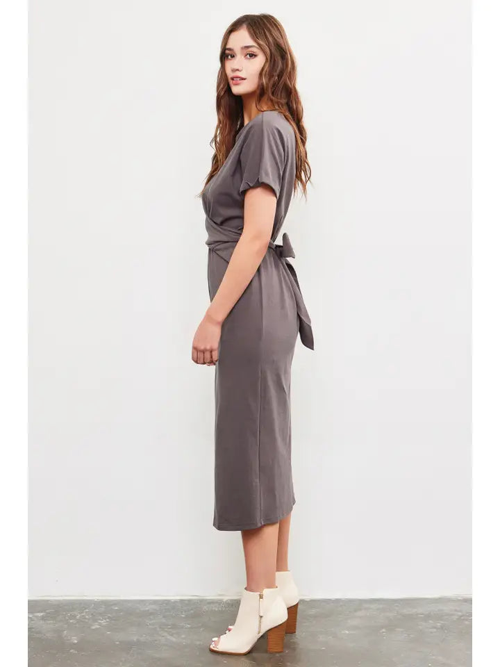 Wrap Back Tie Dress - Dark Stone