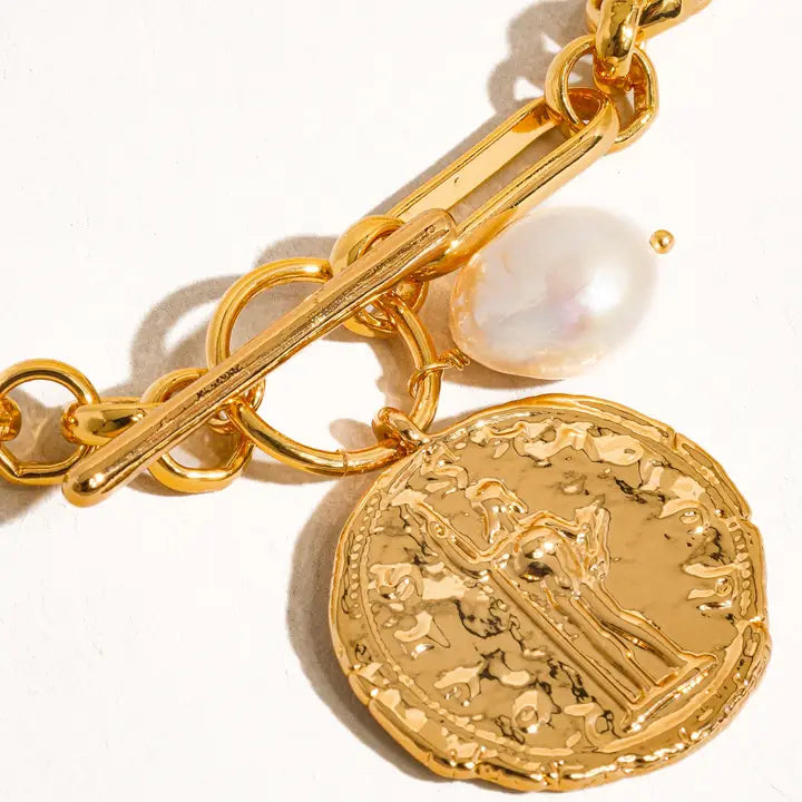 Leah 18K Gold Large Coin + Pearl Chain Necklace