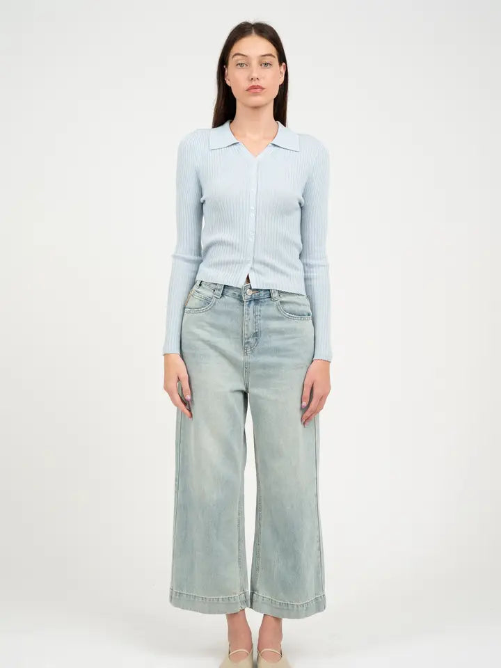 Collared Ribbed Knit Cardigan - Baby Blue