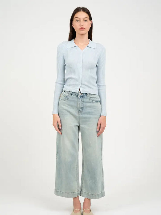 Collared Ribbed Knit Cardigan - Baby Blue