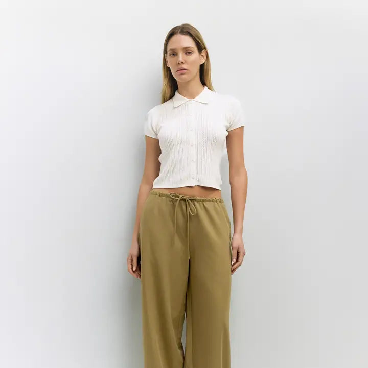 Pointelle Knit Button Down Top - Ivory