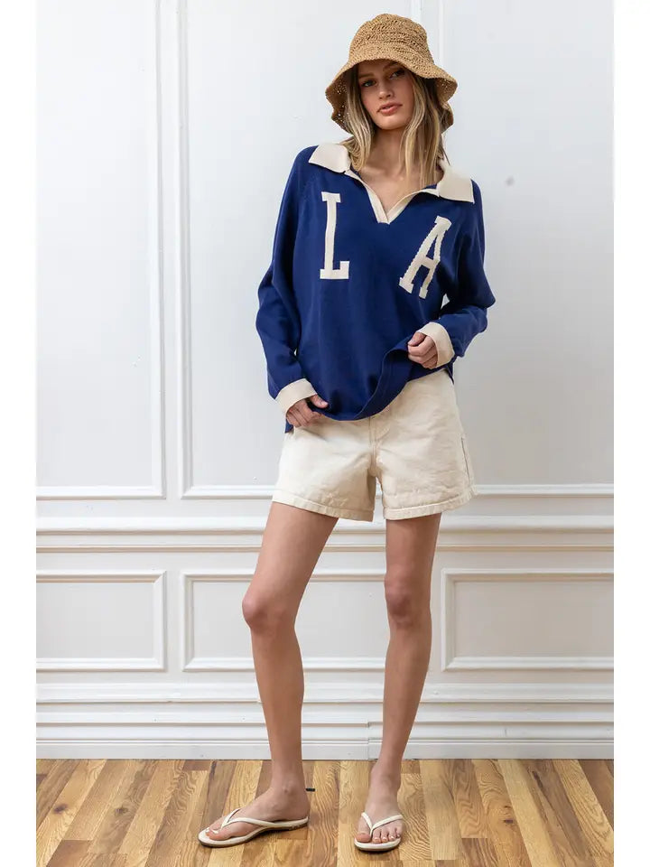 Collared Knit Pullover - Cobalt Blue