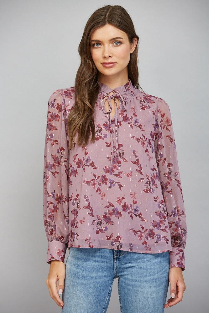 Floral Print with Ruffled Tie Neck- Dusty Pink