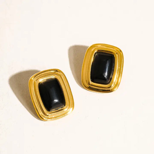 Petra - 18K Gold Non-Tarnish Classic Square Stone Earring - Black