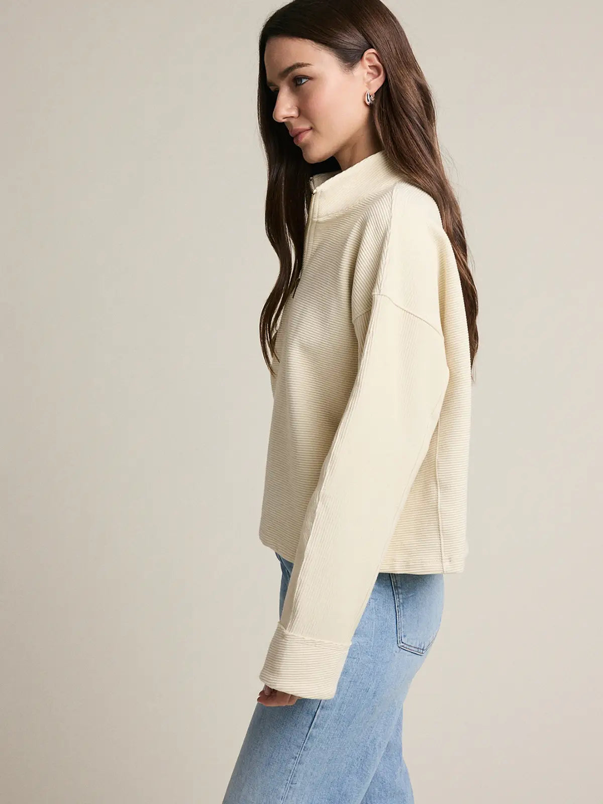 Textured Half Zip Pullover - Light Beige