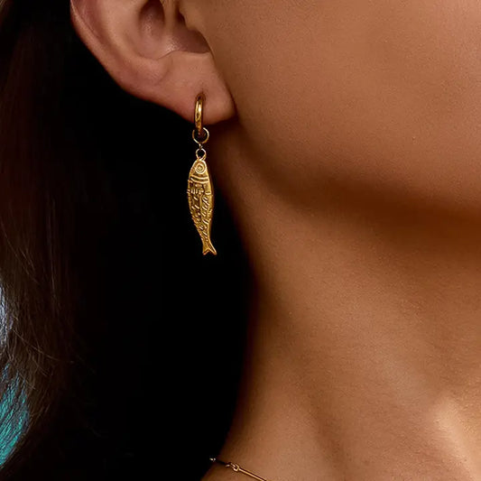 Nibe 18K Gold Non-Tarnish Fish Hoop Earring - Gold