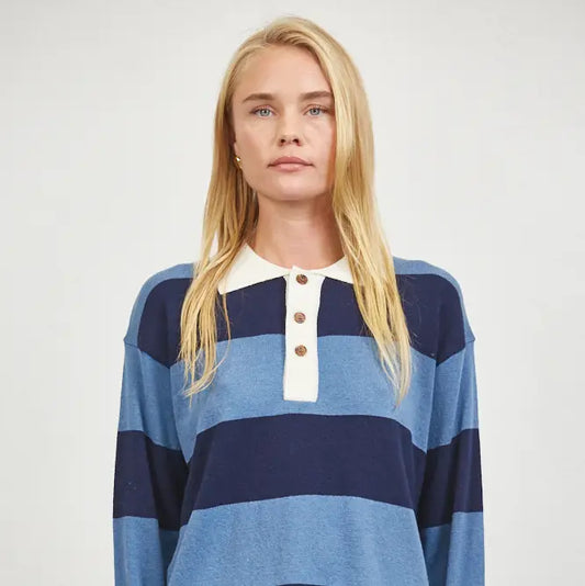 Knit Collar Long Sleeve Sweater - Blue + Navy
