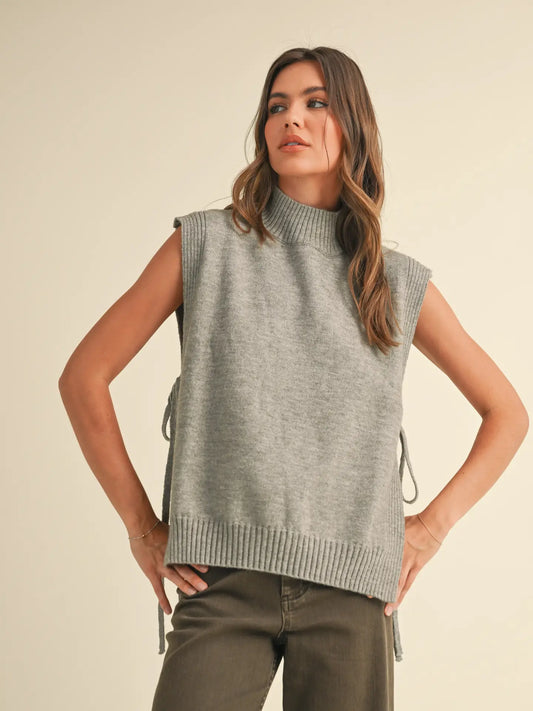 Mock Neck Side Tie Sweater Vest - Grey