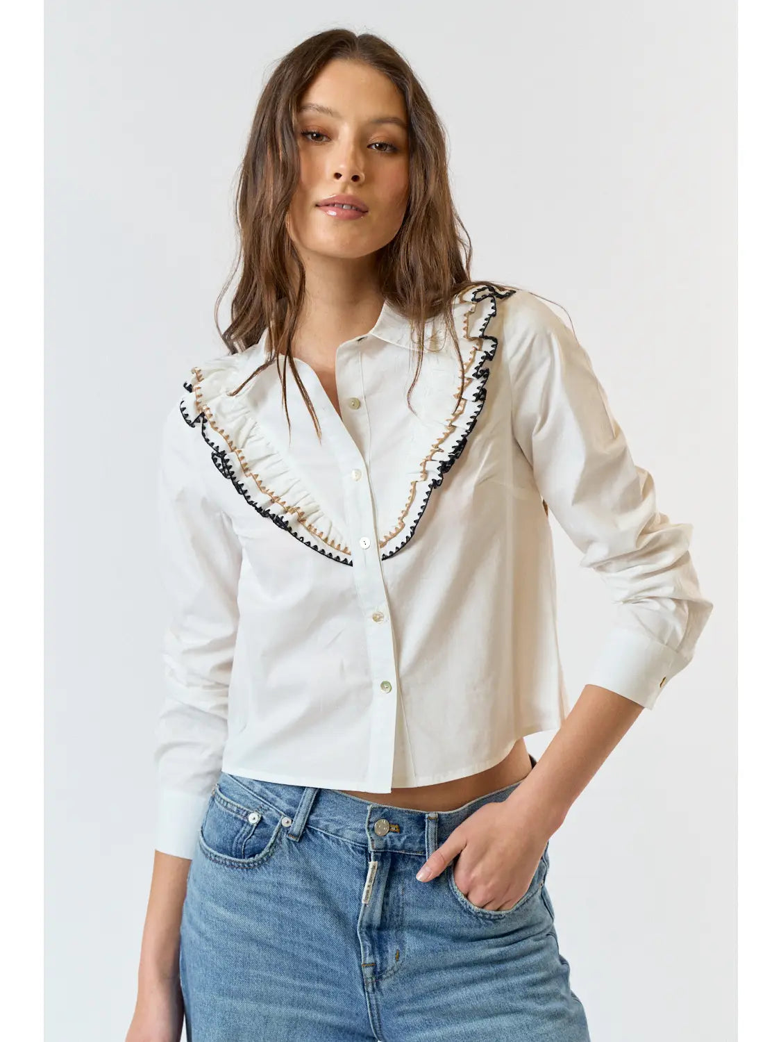 Long Sleeve Collar Button Down Top - Off White