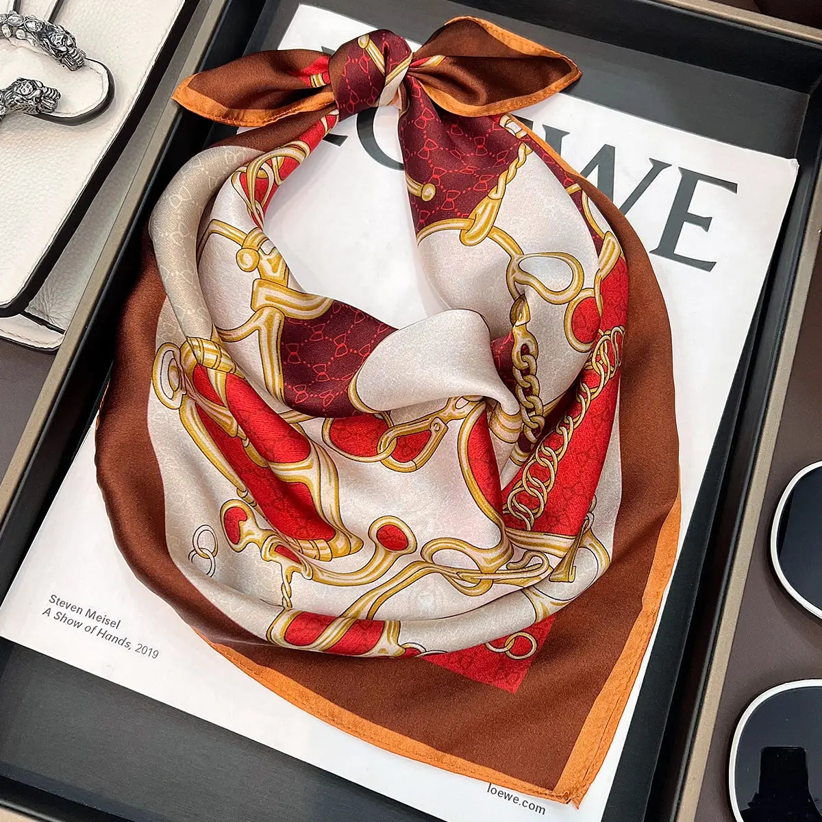 Silk Square Scarf - Red Chain Design