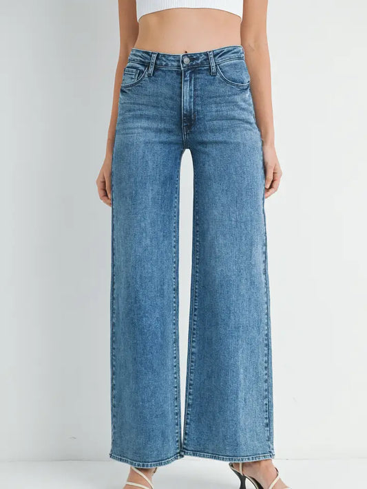 Stretchy Wide Leg Denim Jeans - Dark Denim