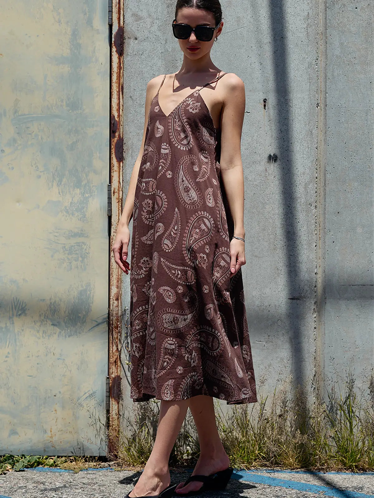 Flowy Midi Dress - Brown Paisley