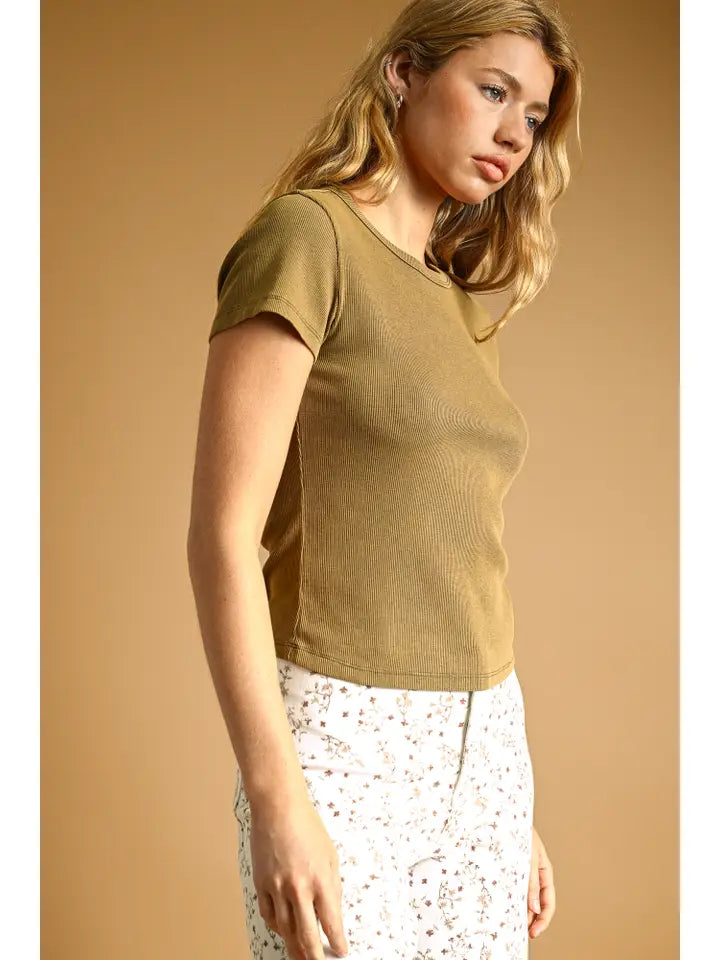 Round Neck Short Sleeve Top - Olive