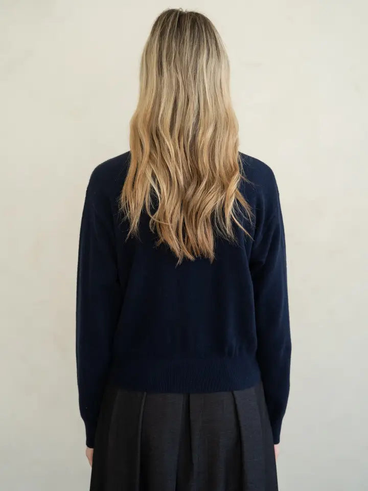 Timeless Contrast Neck Cardigan - Navy