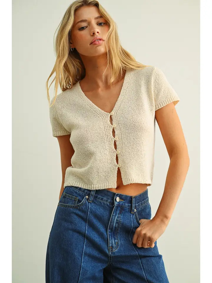 Cap Sleeve Button Front Top - Beige