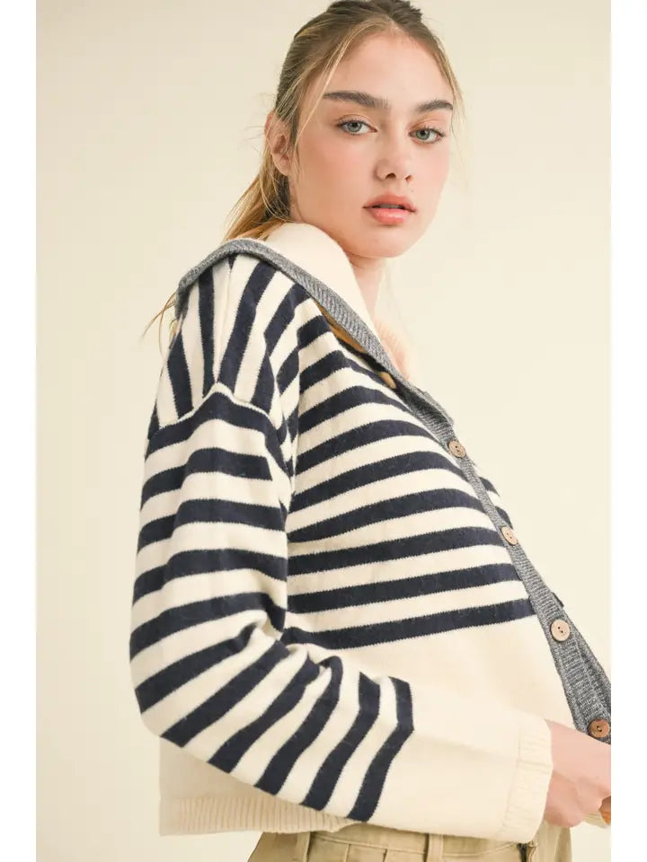 Striped Sailor Collar Sweater Cardigan