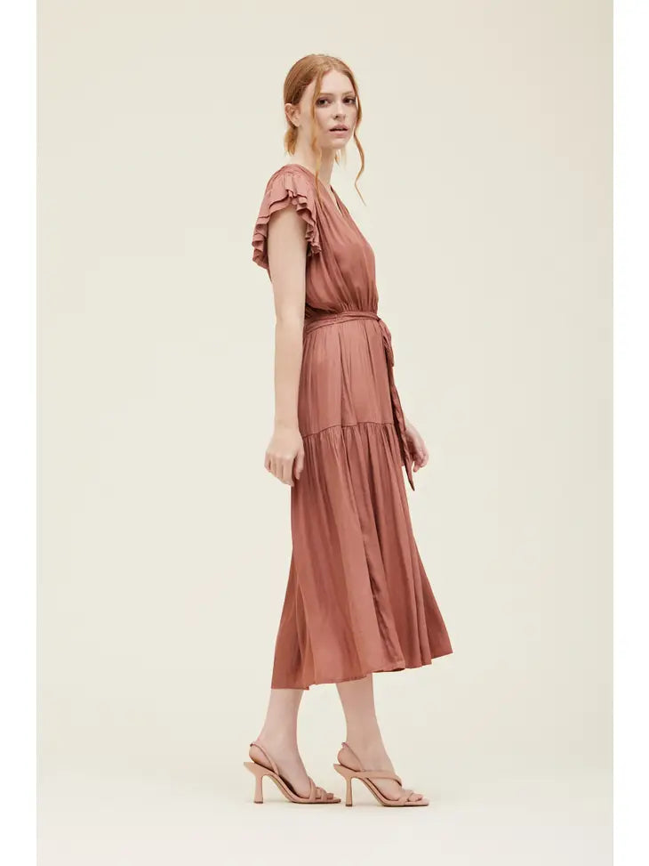 Grade + Gather - Bubble Sleeve Satin Dress - Rosewood