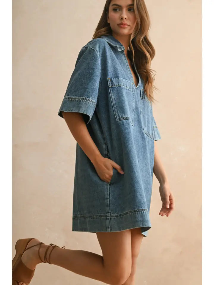 V-Neck Tunic Dress - Denim