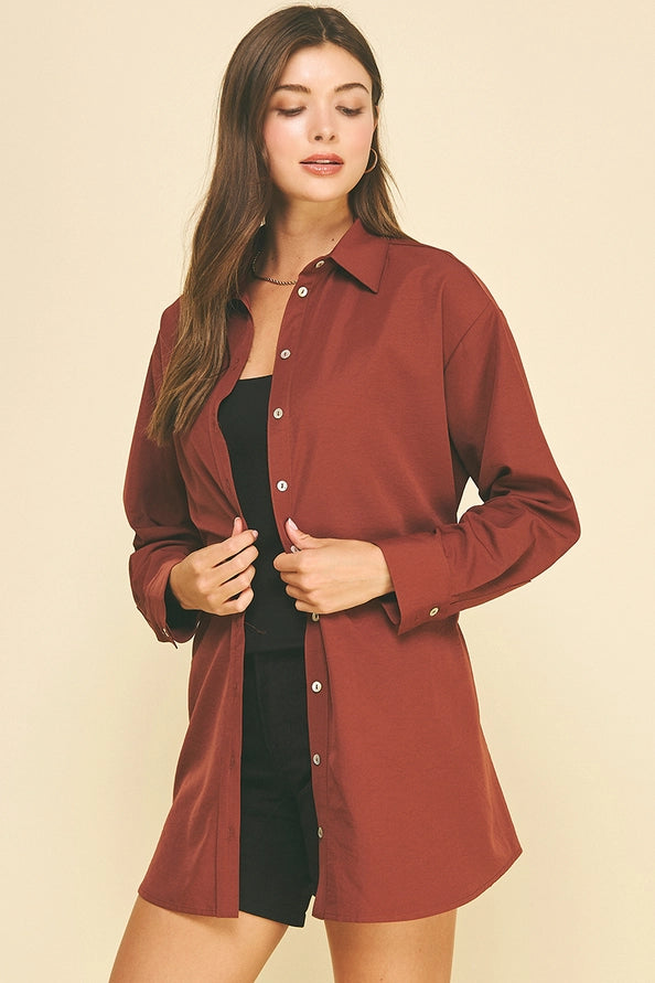 Collared Longline Shirt- Red Brown