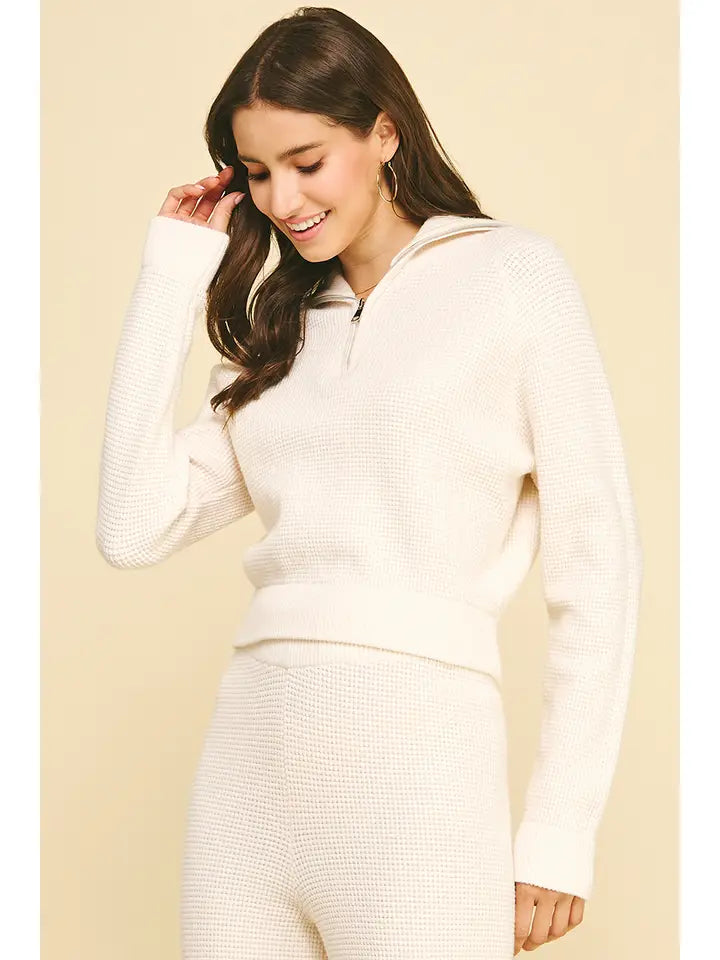 Waffle Textured Zip-Up Sweater - Cream