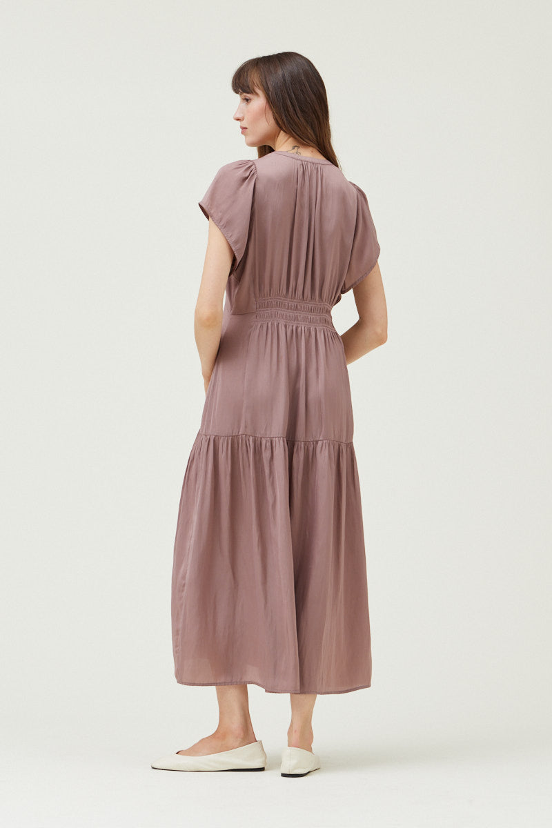 Grade + Gather - Ruffle Satin Midi Dress - Dusty Lilac