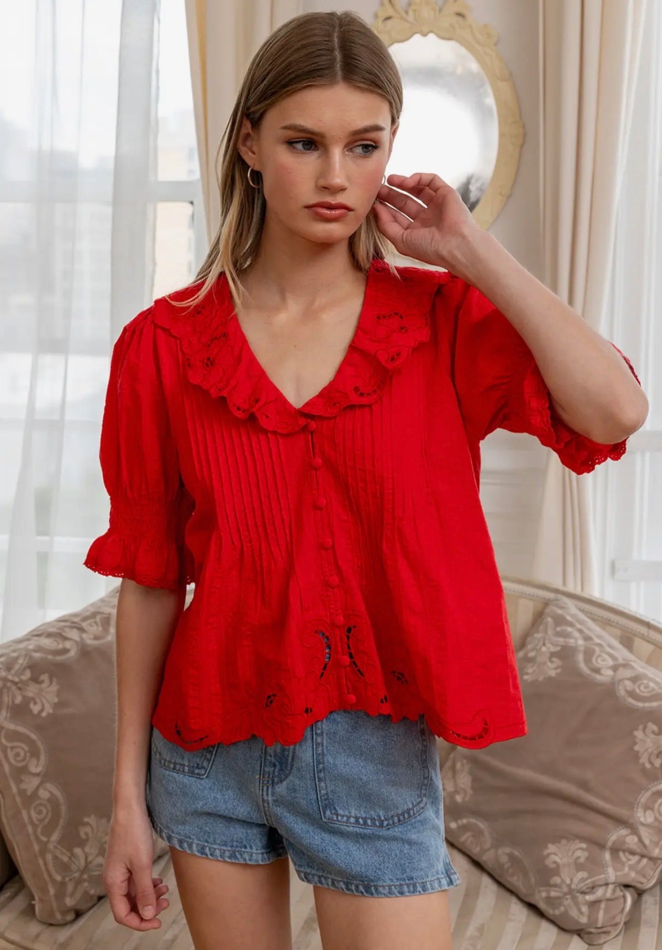 Ruffle Trim Lace Detail Blouse - Red