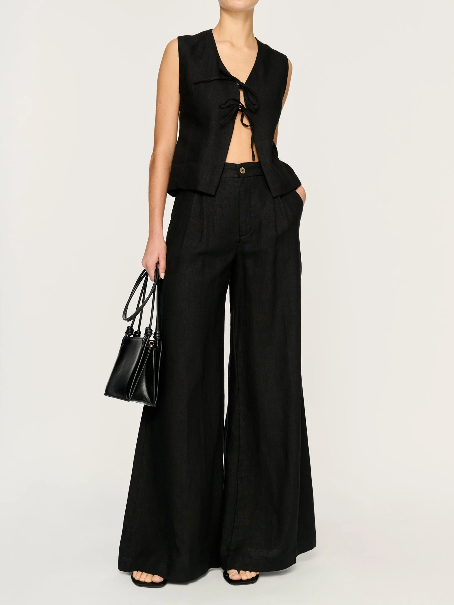 Zia Tie Front Vest - Black Linen