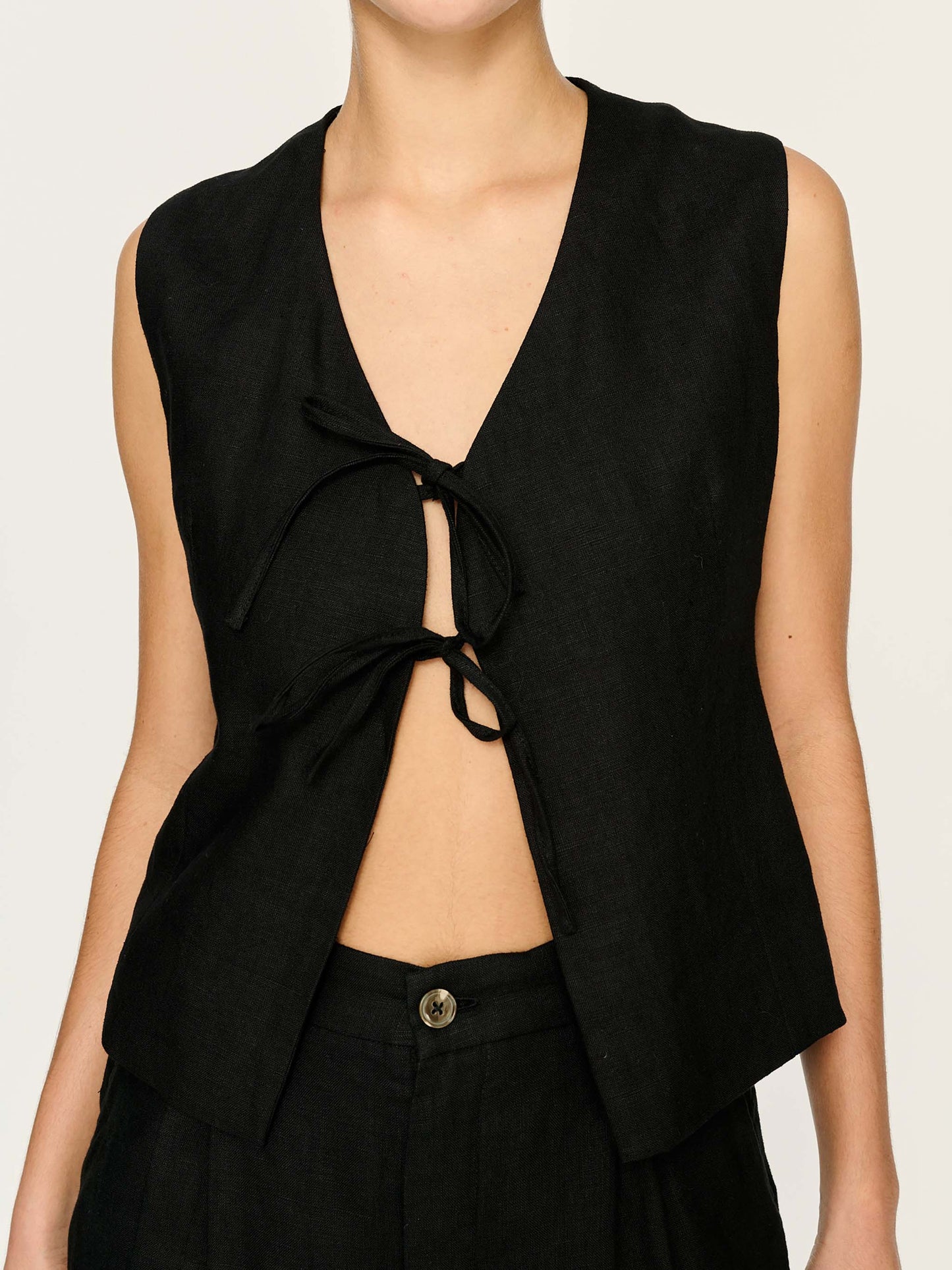 Zia Tie Front Vest - Black Linen