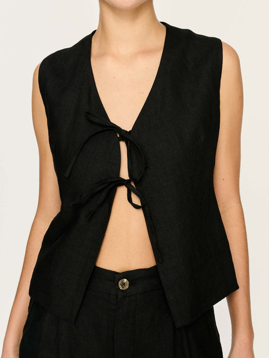 Zia Tie Front Vest - Black Linen
