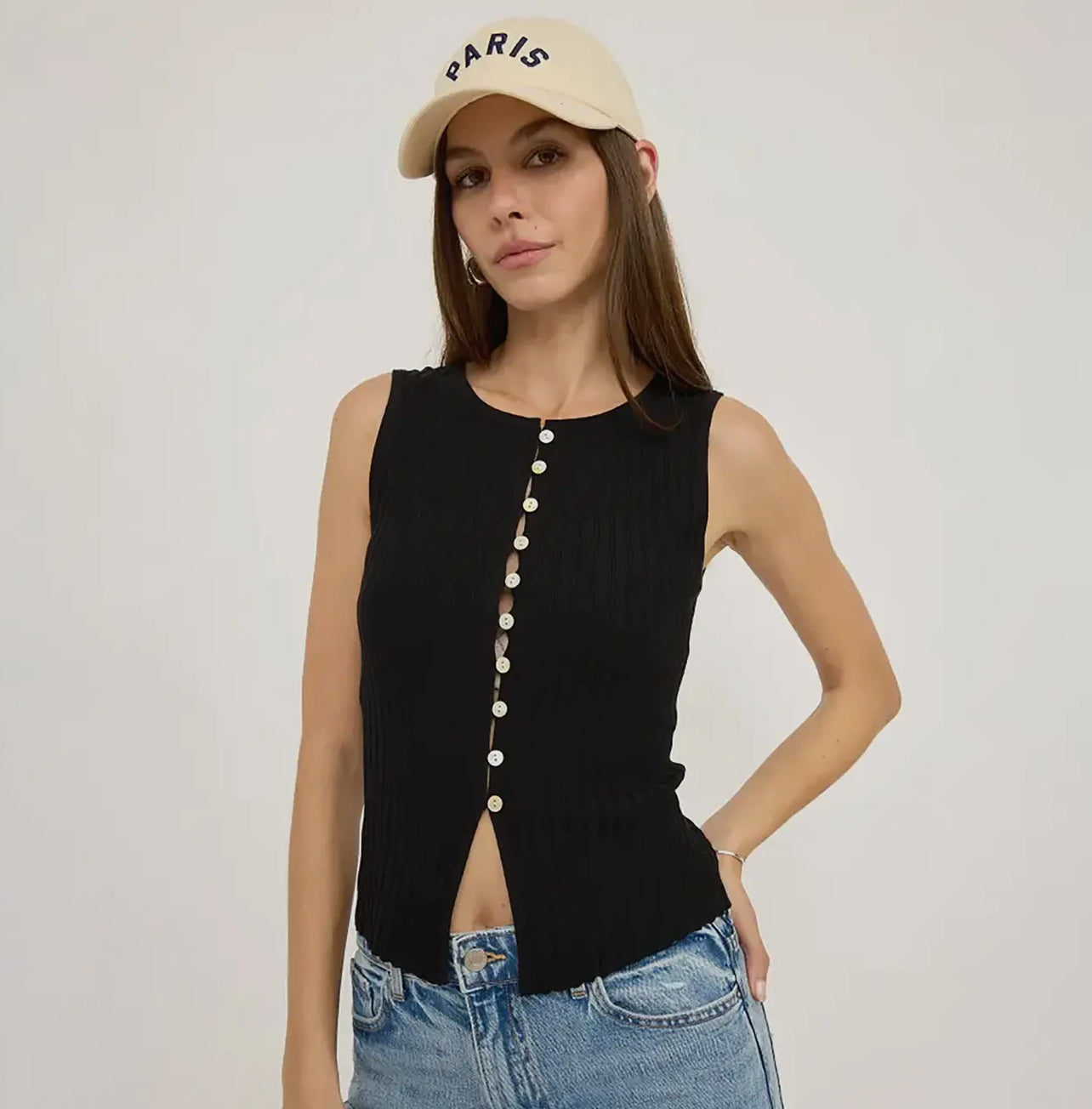 Slim Knit Sleeveless Button Top - Black
