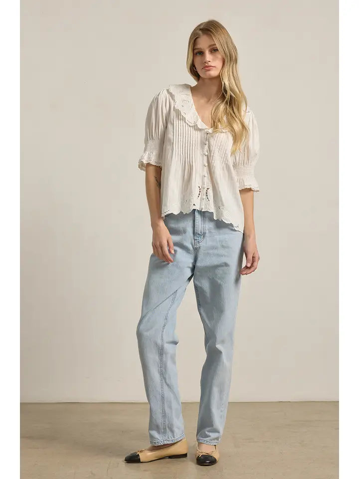 Embroidered Collar Button Blouse - Ivory