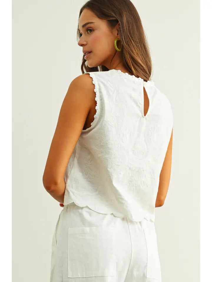 Embroidery Sleeveless Top - Off White