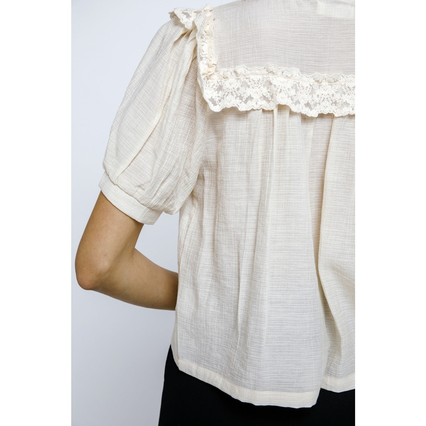 Cotton Crepe Peter Pan Lace Blouse - Cream