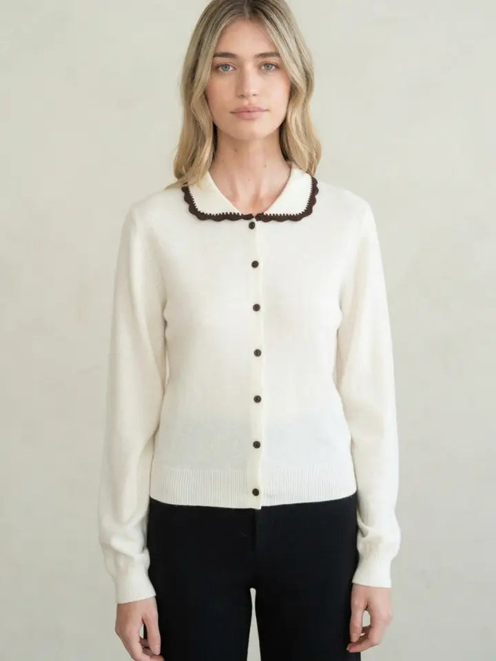 Contrast Scalloped Collar Cardigan - Ivory