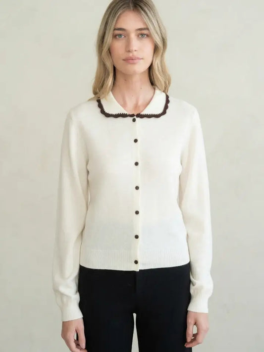 Contrast Scalloped Collar Cardigan - Ivory