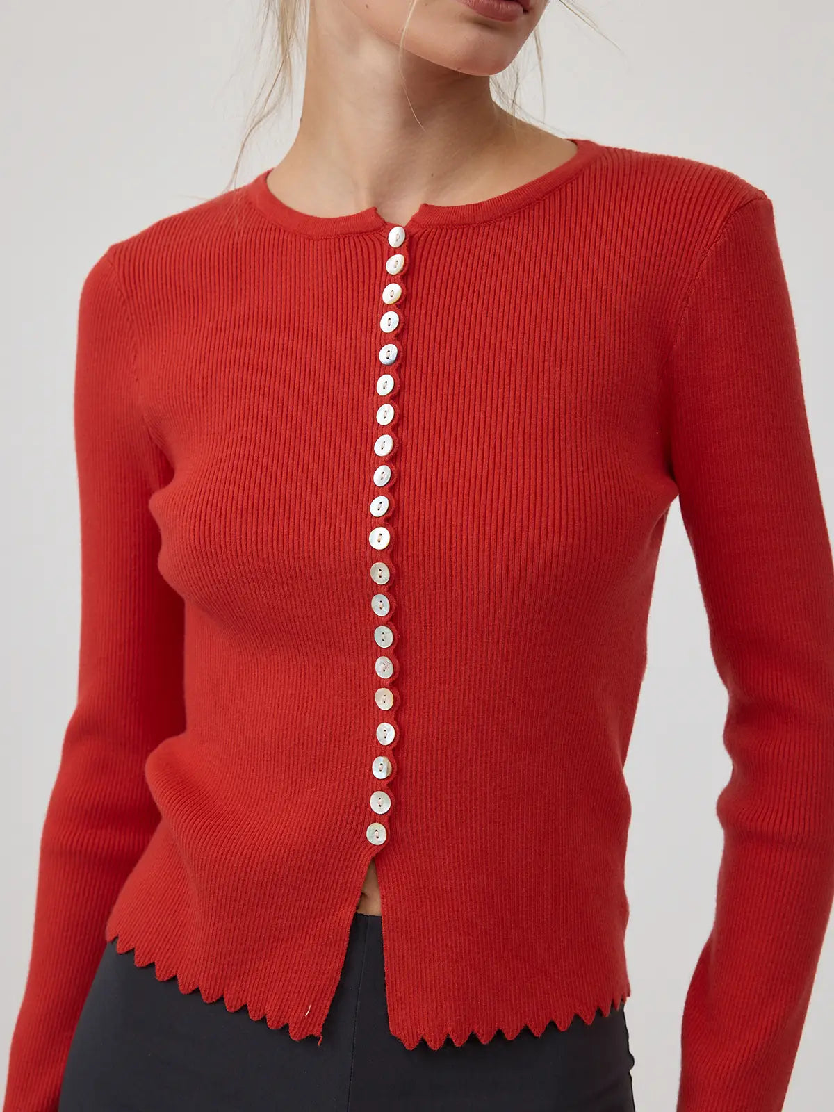 Button Ribbed Knit Cardigan - Red