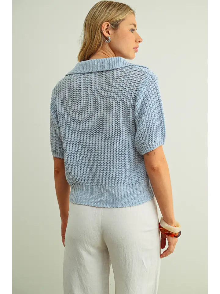 Collared Short Sleeve Knitted Top - Sky Blue