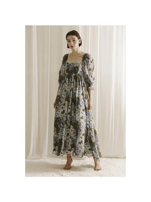 Floral Baby Doll Maxi Dress - Olive/Blue