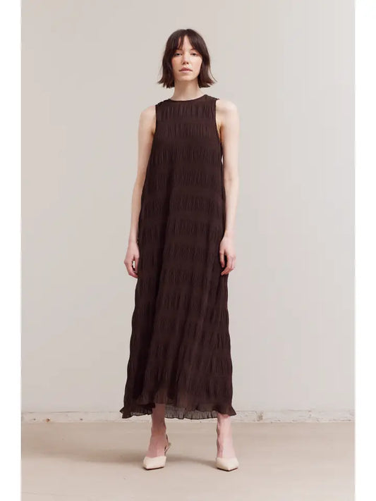 Grade + Gather - Pleated Chiffon Dress - Chocolate