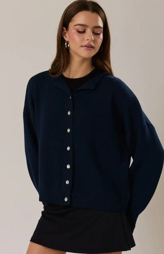 Rolled Hemline Sweater Cardigan - Navy