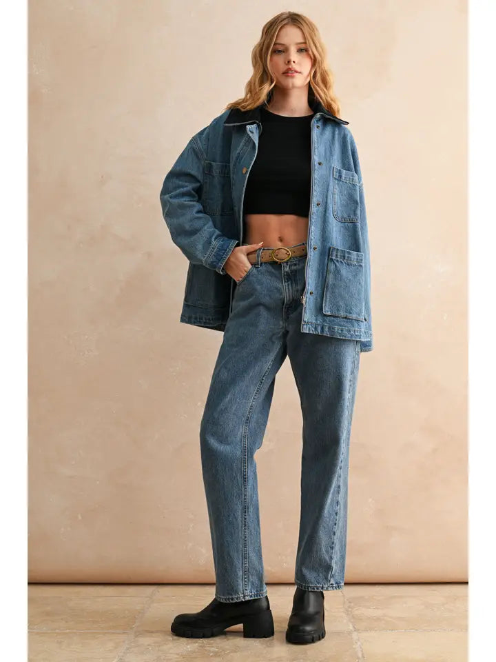 Corduroy Collar Denim Utility Jacket